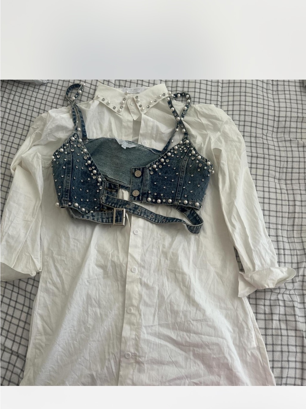 Studded Denim Bralette Top in Dark Blue